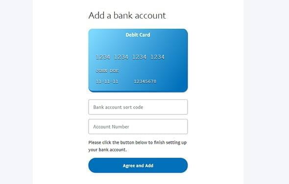 Step two of registration at PayPal, showing an example credit card and a form for entering bank details.